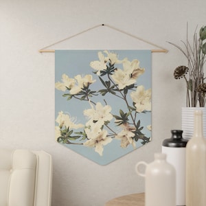 White Flowers, Floral Tapestry, Flower Wall Art, Floral Wall Hanging, Flower Painting, Floral Home Decor, Blue Tapestry, Japanese Tapestry