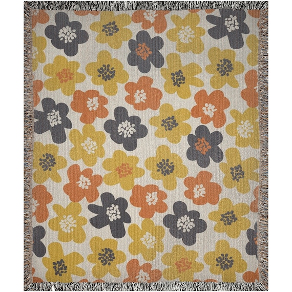 70s Woven Blanket, Vintage Blanket, Floral Blanket, Mustard Blanket, Orange Blanket, Boho Woven Blanket, 70s Decor, Hippie Blanket