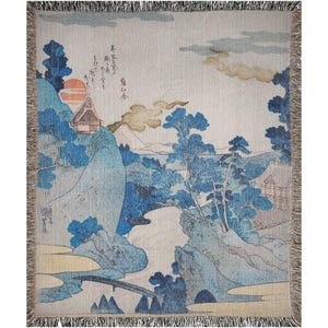 Blue Japanese Woven Blanket | Vintage Asian Cotton Throw, Fine Art Heritage Wall Tapestry