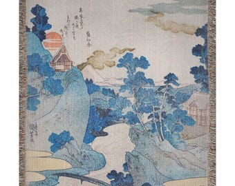 Blue Japanese Woven Blanket | Vintage Asian Cotton Throw, Fine Art Heritage Wall Tapestry