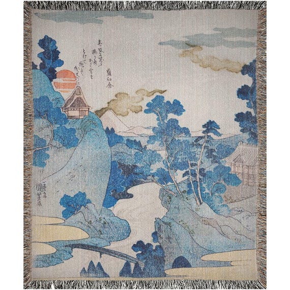 Blue Japanese Woven Blanket | Vintage Asian Cotton Throw, Fine Art