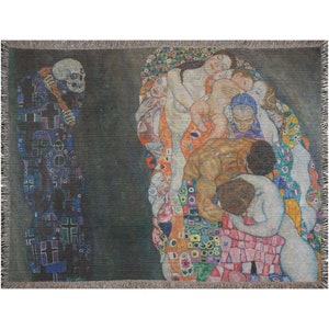 May include: A tapestry depicting Gustav Klimt's iconic painting "The Kiss". The artwork features a couple embracing, surrounded by a vibrant array of colors and patterns. A skeletal figure stands to the left, representing death.
