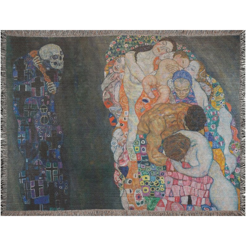 May include: A tapestry depicting Gustav Klimt's iconic painting "The Kiss". The artwork features a couple embracing, surrounded by a vibrant array of colors and patterns. A skeletal figure stands to the left, representing death.