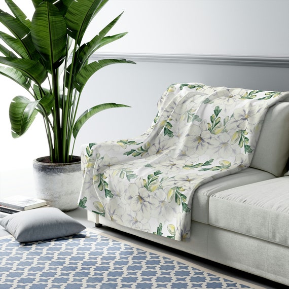 White Blanket, Floral Blanket, Spring Blanket, Flower Blanket, Floral Bedding, Floral Watercolor, Tropical Throw, White Throw
