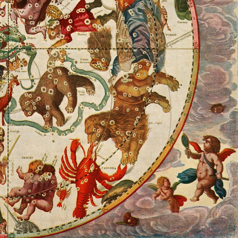May include: A vintage illustration of a celestial map with constellations, including Cancer, Leo, Virgo, and Draco. The map is drawn in a detailed style with stars, lines, and figures representing the constellations. The map is surrounded by a circular border with text in Latin.