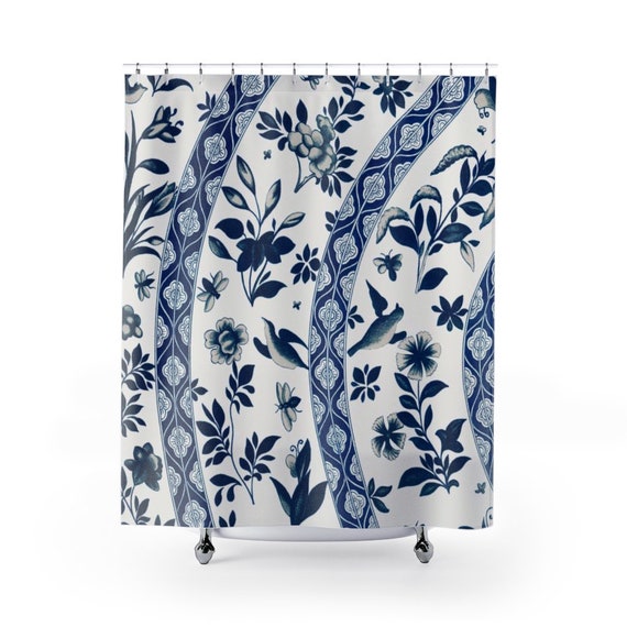 Blue Shower Curtain, Bird Shower Curtain, Vintage Floral, Chinese Floral, Chinoiserie, Blue Bathroom Decor, Plant Shower, Chinese Decor