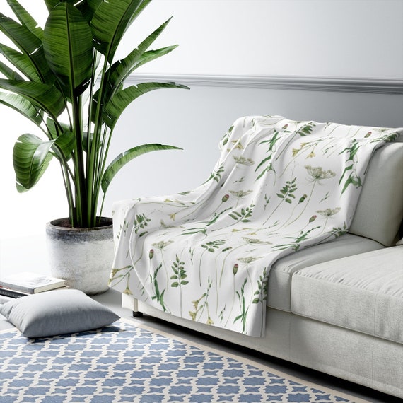 White Throw Blanket, White Bedding, Plant Blanket, Plant Bedding, Green Blanket, Nature Blanket, Sherpa Blanket, Botanical Blanket