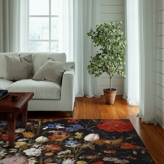 Vintage Gothic Floral Rug, Black Home Decor, Indoor Outdoor Area Rug