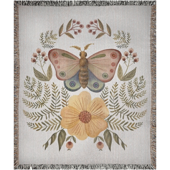 Moth Blanket, Woven Blanket, Boho Blanket, Woven Tapestry, Botanical Decor, Cottagecore Decor, Nature Blanket, Botanical Tapestry, Moth Art