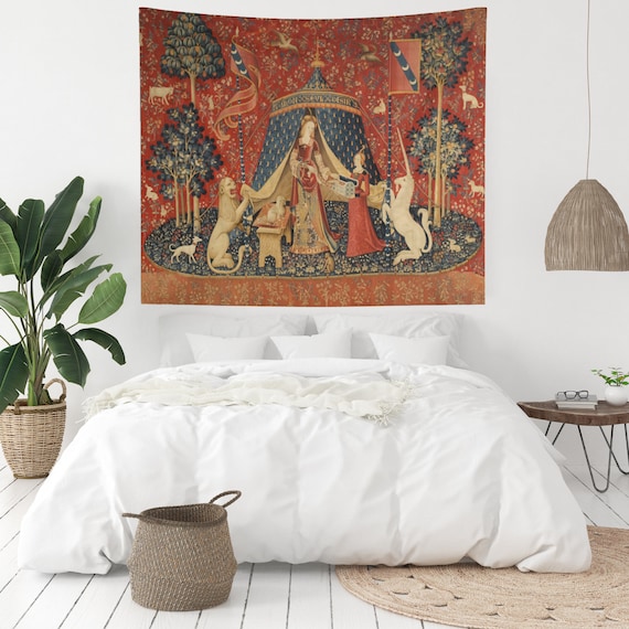 Medieval Tapestry, Unicorn Tapestry, Lady and the Unicorn, 15th Century Art, Medieval Art, Mythology Tapestry, French Tapestry, Red Tapestry