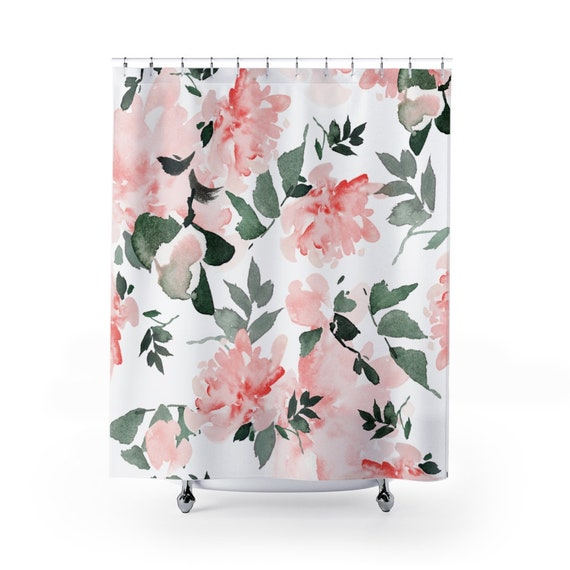 Pink Shower Curtain, Watercolor Flower, Pink Bathroom, Floral Bathroom, Pink Floral, Botanical Bathroom, Plant Shower Curtain, Floral Shower
