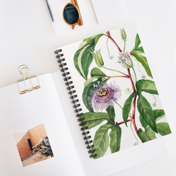 Floral Notebook, Spiral Notebook, Purple Notebook, Lined Notebook, Passion Flower Art, Vintage Botanical, Plant Notebook, Botanical Notebook
