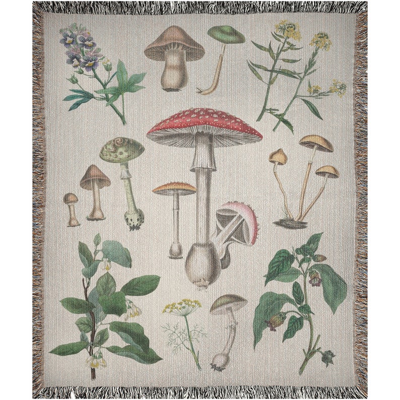 Manta de hongos, manta tejida, manta estilo cottagecore, manta de bosque, manta botánica, manta bohemia, manta de plantas, manta de naturaleza, tapiz 50x60 inch