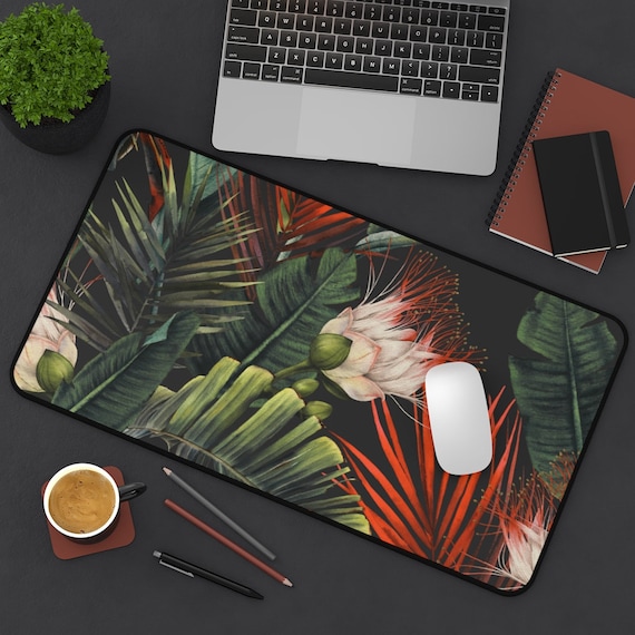 Tropical Desk Mat, Black Desk Mat, Floral Desk Mat, Tropical Mousepad, Tropical Office, Jungle Mousepad, Floral Mousepad, Plant Office Decor