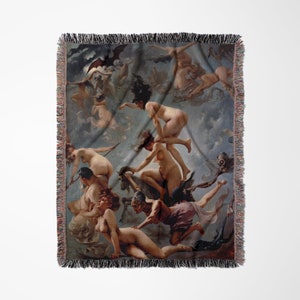 May include: A tapestry woven with a detailed depiction of a group of nude figures flying through the air. The figures are surrounded by clouds and a dark sky. The tapestry is framed with a fringe border.