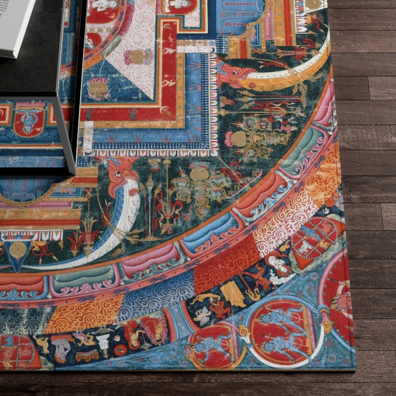May include: A colorful mandala rug with intricate patterns and designs. The rug features a circular design with a central square and a variety of colors, including red, blue, green, and gold. The rug is made of a soft, durable material and is perfect for adding a touch of bohemian style to any room.