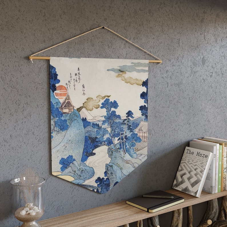 Art mural japonais, tapisserie japonaise, art mural asiatique, décoration japonaise, tapisserie vintage, art mural bleu, art bleu, décoration asiatique, gravure sur bois image 4