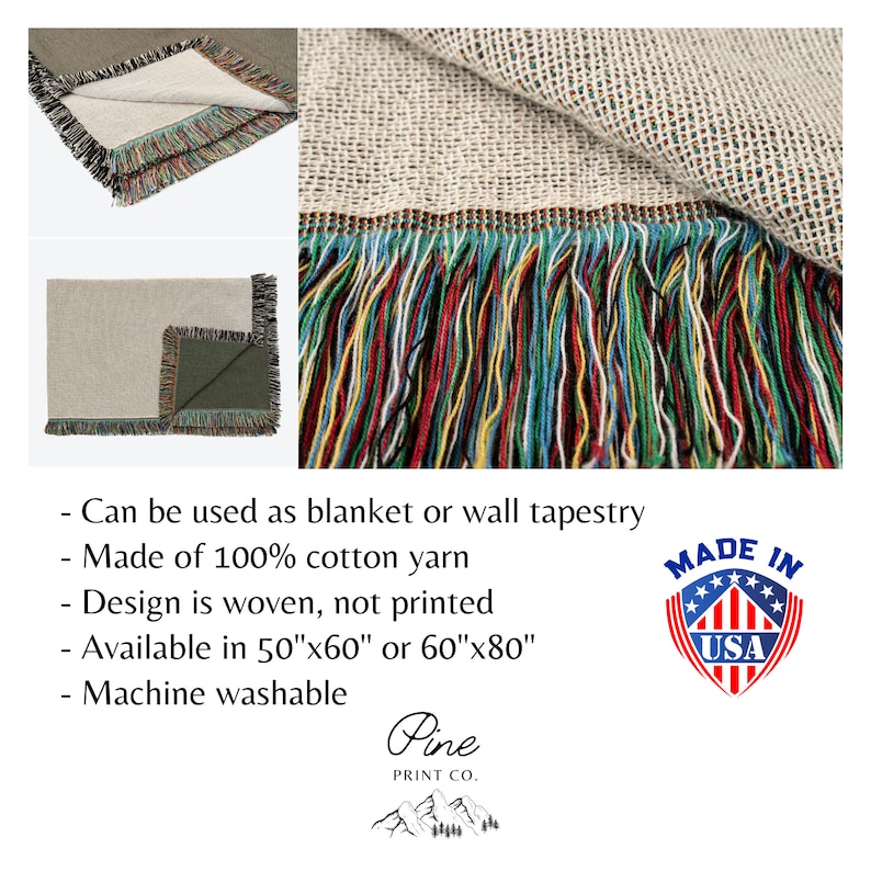 May include: A woven throw blanket with a fringe border in various colors, including red, green, blue, and yellow. The blanket is made of 100% cotton yarn and is available in two sizes: 50"x60" or 60"x80". The blanket is machine washable and can be used as a blanket or wall tapestry. The text "Made in USA" is visible in the image.