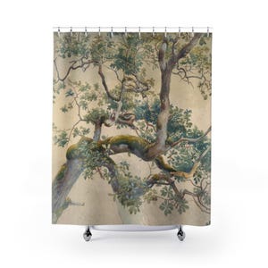 May include: A shower curtain featuring a detailed illustration of a large, gnarled tree with thick, textured bark and mossy patches. The branches extend across the fabric, adorned with green leaves against a light, neutral beige background.