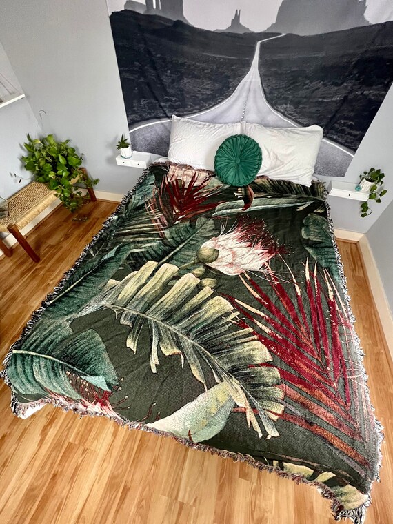Tropical Blanket, Woven Blanket, Botanical Blanket, Plant Blanket, Black Blanket, Tropical Decor, Nature Blanket, Jungle Blanket