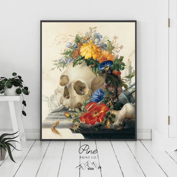 Skull Print, Skull Poster, Floral Skull, Gothic Wall Art, Floral Painting, Vintage Painting, Skull Decor, Gothic Decor, Gothic Painting