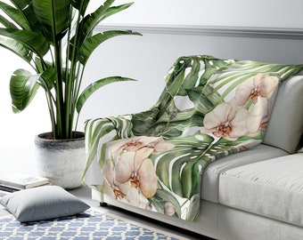 Plant Blanket, Tropical Blanket, Sherpa Blanket, Green Throw Blanket, Botanical Blanket, Tropical Throw, Monstera Decor, Plant Decor