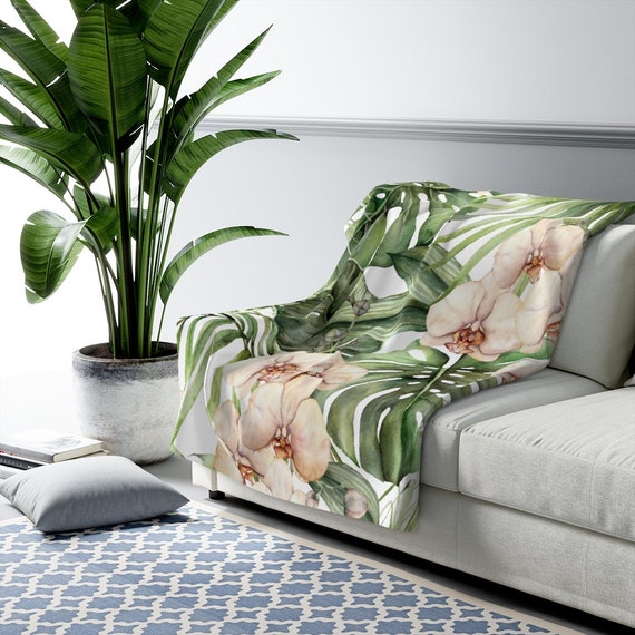 Plant Blanket, Tropical Blanket, Sherpa Blanket, Green Throw Blanket, Botanical Blanket, Tropical Throw, Monstera Decor, Plant Decor