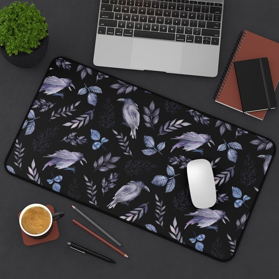 Black Desk Mat, Gothic Desk Mat, Black Office Decor, Raven Painting, Nature Mousepad, Black Mousepad, Halloween Decor, Gothic Gift