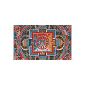 May include: A colorful mandala with intricate details and geometric patterns. The mandala is surrounded by a border of smaller images and text. The colors are vibrant and include red, blue, yellow, green, and white.