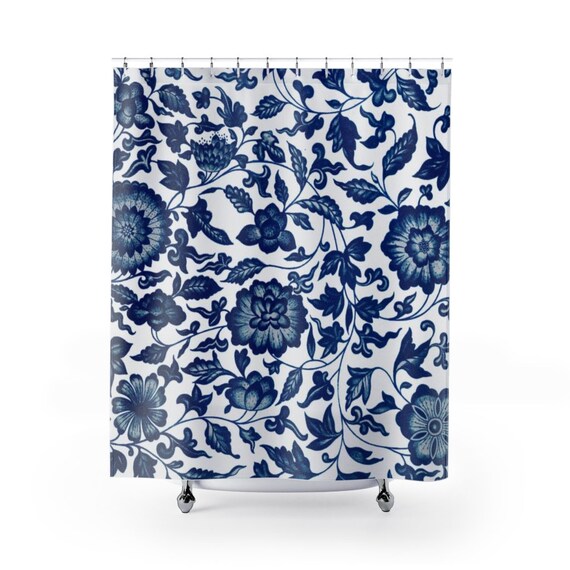 Blue Shower Curtain, Chinese Decor, Blue Flower, Chinese Ornament, Blue Bathroom Decor, Plant Shower Curtain, Vintage Bathroom, Blue Curtain