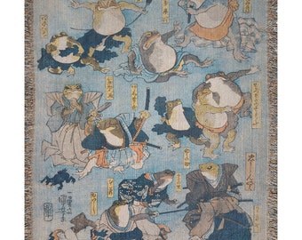 Frog Blanket, Woven Blanket, Frog Tapestry, Japanese Blanket, Japan Blanket, Japanese Woodblock, Vintage Blanket, Frog Decor, Frog Throw
