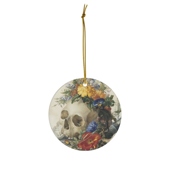 Skull Ornament, Floral Ornament, Vintage Ornament, Christmas Ornament, Ceramic Ornament, Gothic Ornament, Skull Painting, Art Ornament