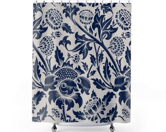 Art Nouveau, cortina de ducha azul, William Morris, flores vintage, baño vintage, baño azul, decoración Art Nouveau, cortina floral azul