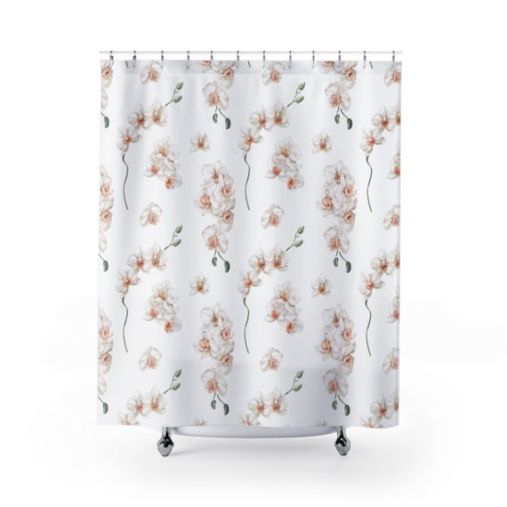 White Shower Curtain, Floral Shower Curtain, Plant Shower Curtain, Flower Bathroom, White Bathroom, Orchid Decor, White Orchids