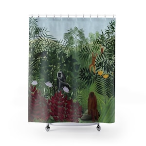 Tropical Shower Curtain, Jungle Bathroom, Tropical Bathroom, Monkey Decor, Botanical Curtain, Tropical Forest, Plant Curtain, Henri Rousseau