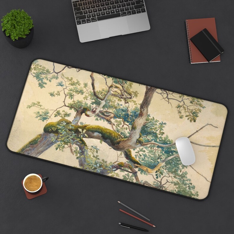 May include: A watercolor painting of a tree branch with green leaves and moss. The painting is on a light beige background.