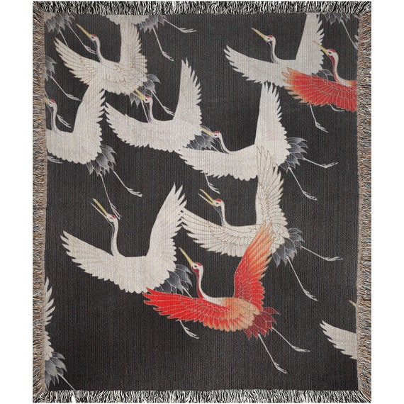 Crane Blanket, Woven Blanket, Bird Blanket, Nature Blanket, Crane Tapestry, Woven Tapestry, Japanese Blanket, Japanese Crane, Bird Tapestry
