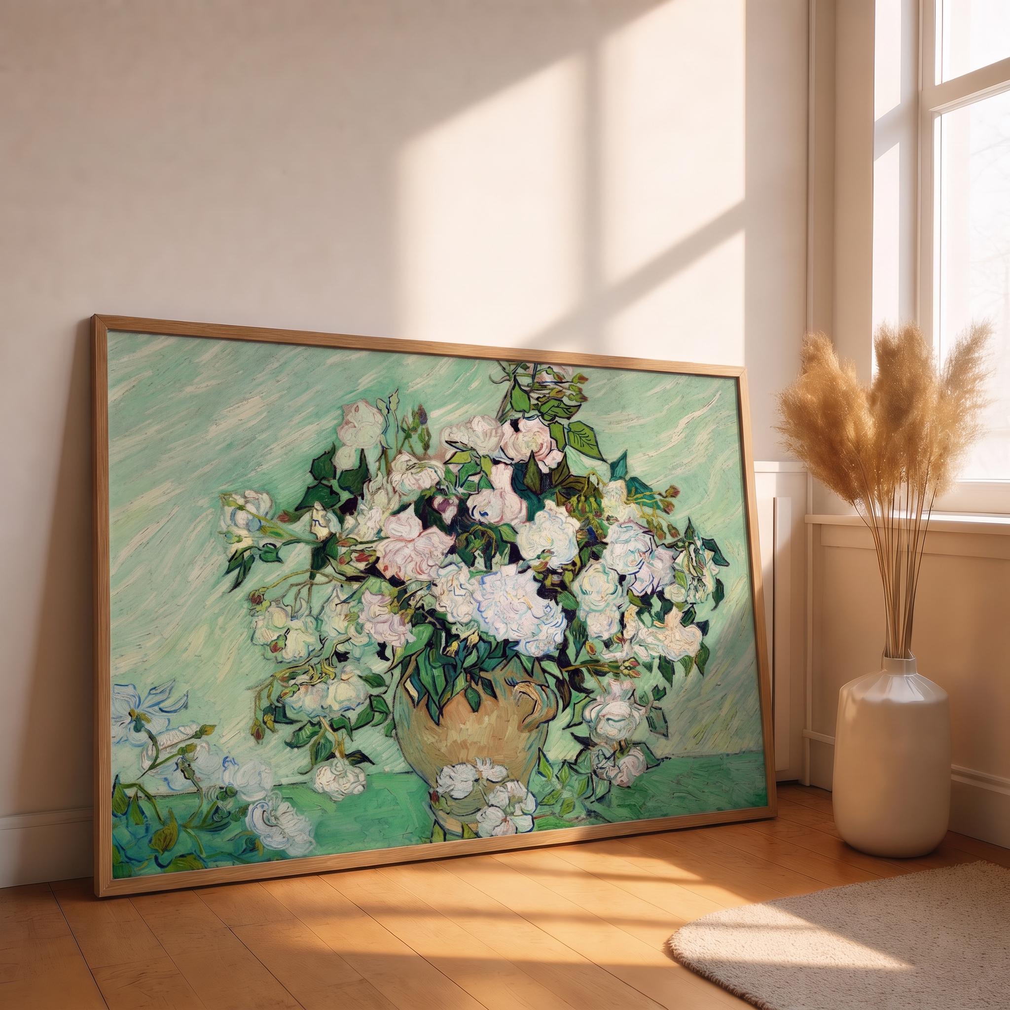 ゴッホの壁掛けプリント｜白いバラの美術館ポスター、緑の花柄のホーム