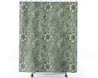 Groen douchegordijn, William Morris decor, groen badkamer decor, vintage badkamer, art nouveau decor, kunst douchegordijn, groene bloemen