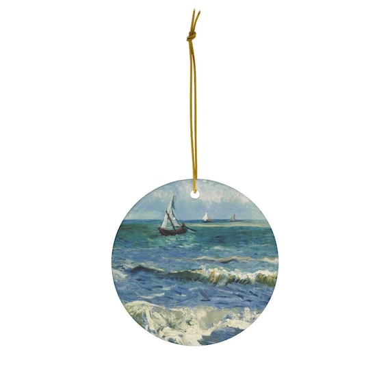 Van Gogh Ornament, Art Ornament, Ocean Ornament, Christmas Ornament, Ceramic Ornament, Sailboat Painting, Ocean Painting, Van Gogh Painting