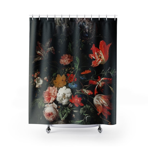 Black Shower Curtain, Black Bathroom, Flower Bathroom, Vintage Bathroom, Flower Shower Curtain, Art Shower Curtain, Bathroom Curtain