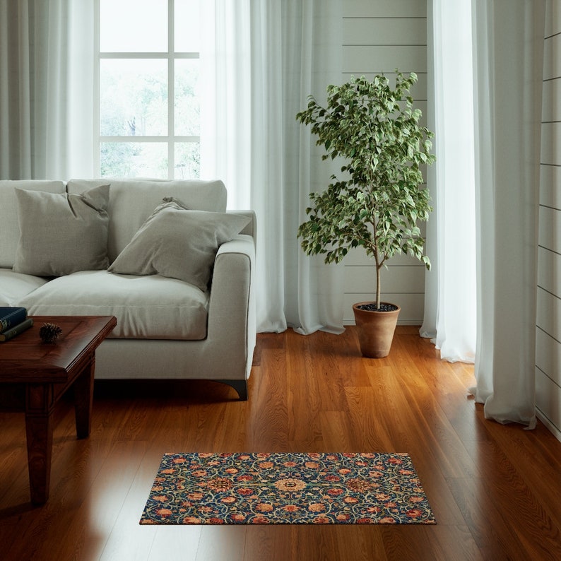 William Morris Rug: Orange Mandala Floral Vintage - Boho Style, Anti-Slip Backing, Indoor Outdoor Use 20" × 32"