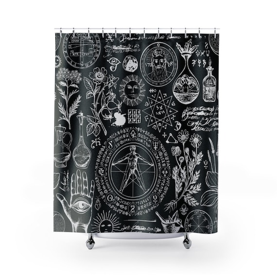 Alchemy Shower Curtain, Witchy Decor, Black Shower Curtain, Magic Shower Curtain, Witch Shower Curtain, Occult Decor, Magic Decor