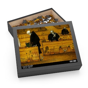 May include: A 252-piece jigsaw puzzle featuring a painting of skeletons tending a garden. The puzzle is 11x14 inches and is recommended for ages 9 and up.