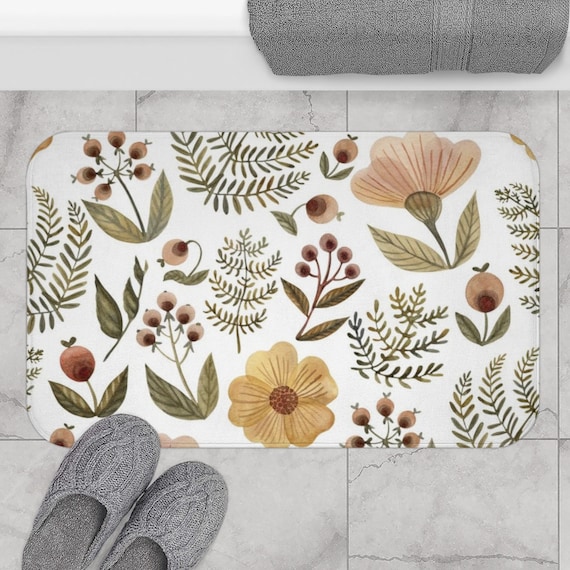 White Bath Mat, Floral Bath Mat, Botanical Bath Mat, Floral Bathroom, Plant Bathroom Decor, Botanical Decor, Plant Decor, Flower Watercolor