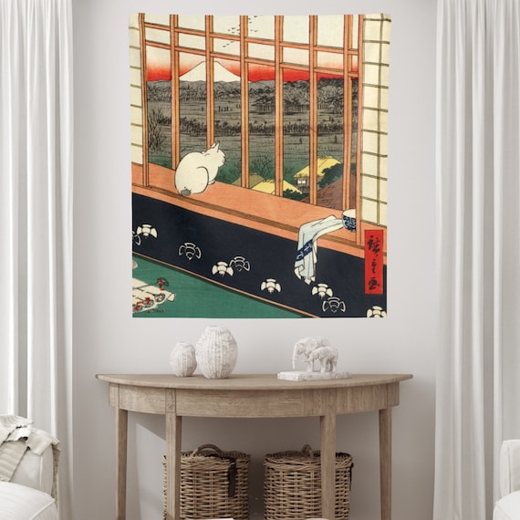 Cat Tapestry, Japanese Tapestry, Asakusa Rice Field, Hiroshige Tapestry, Hiroshige Art, Japanese Art, Vintage Japan,  Japanese Woodblock