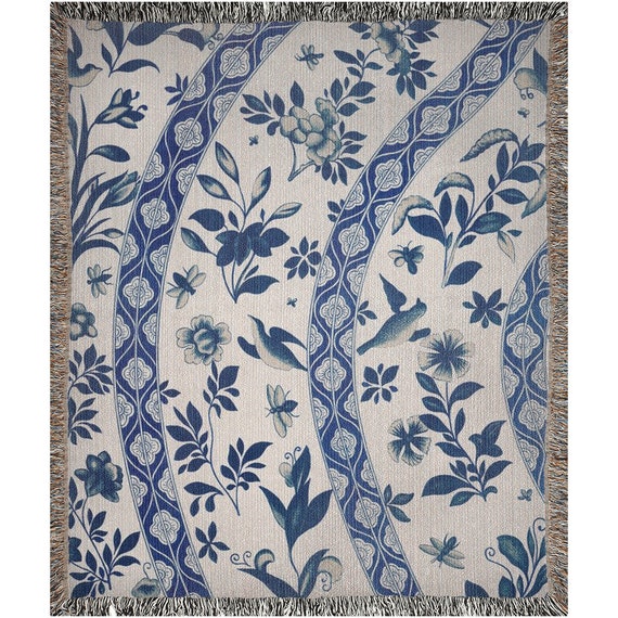 Blue Woven Blanket, Plant Blanket, Bird Blanket, Blue Throw, Vintage Blanket, Floral Blanket, Chiense Blanket, Blue White Blanket, Plant Art