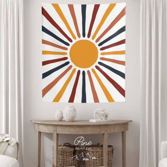 Sun Tapestry, Boho Tapestry, Sun Illustration, Nature Tapestry, Orange Tapestry, Boho Decor, Sun Decor, Sun Art, Vintage Sun, 70s Tapestry