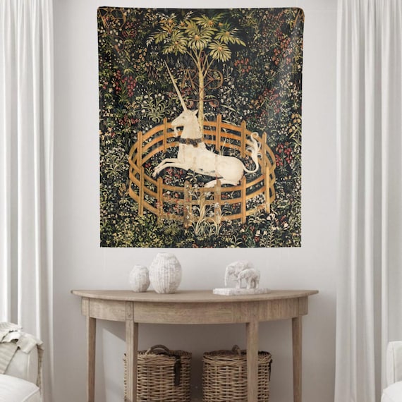Unicorn Tapestry, Medieval Tapestry, Unicorn in Captivity, Mythology Decor, Dorm Tapestry, Art Tapestry, Unicorn Decor, Vintage Tapestry