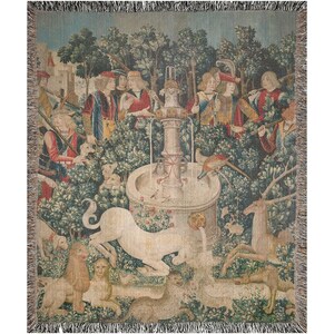 Medieval Unicorn Woven Blanket | Renaissance Vintage Cotton Throw, Fantasy Fine Art Wall Tapestry 50x60 inch